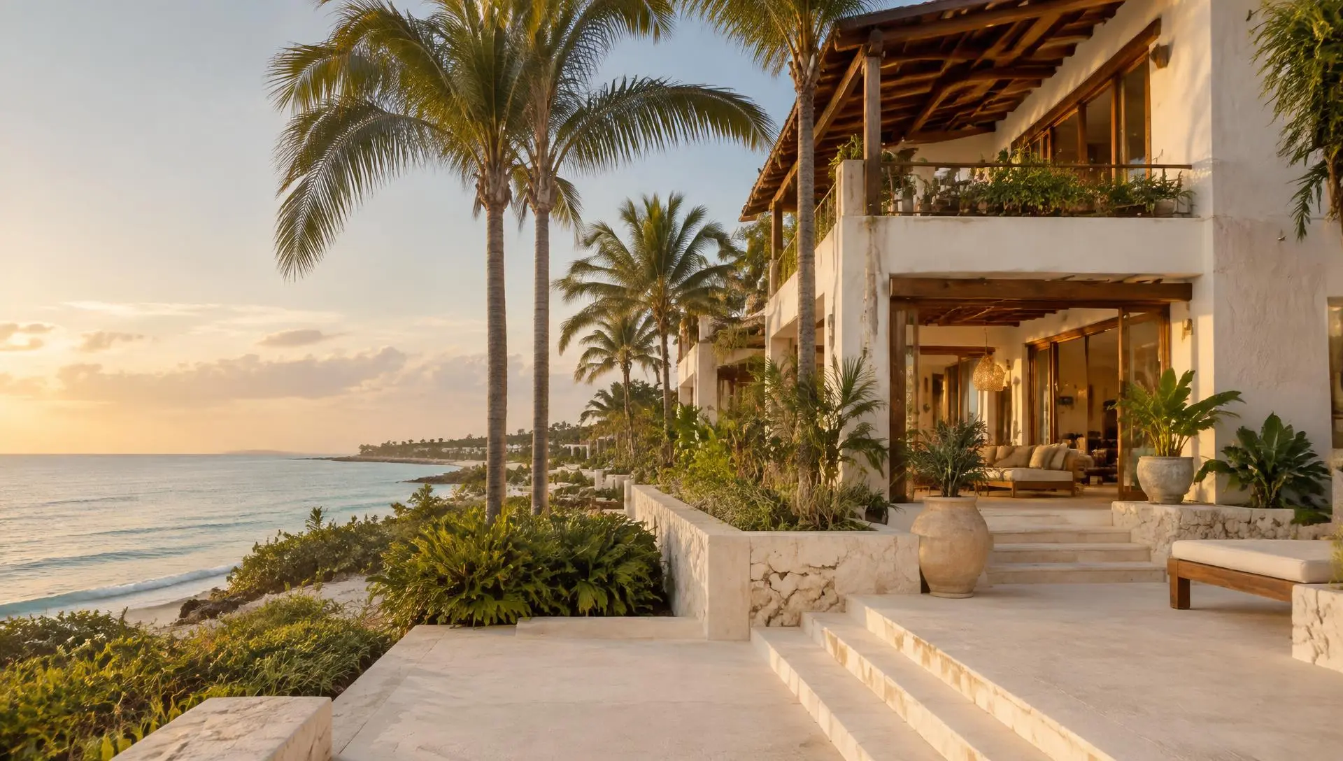 White stucco villa with wood details and palms on the Caribbean coast in soft morning light